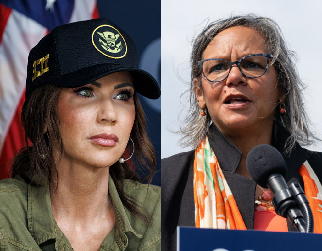 Left, U.S. Secretary of Homeland Security Kristi Noem. Right, Representative Robin Kelly, a Democrat from Illinois.