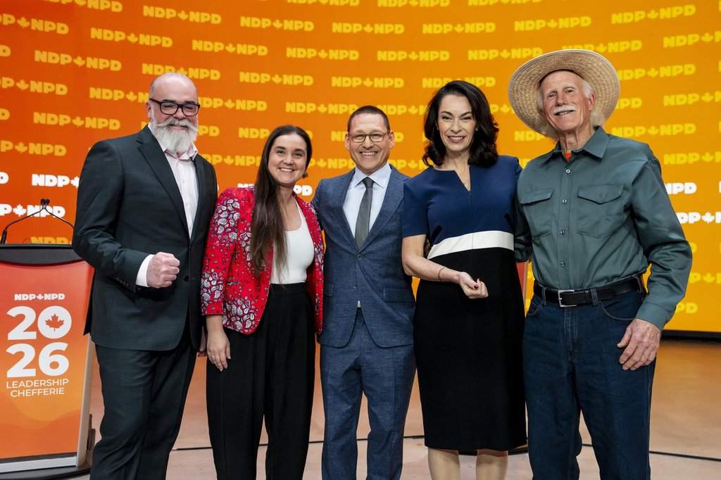 NDP leadership candidates (left to right) Rob Ashton, Tanille Johnston, Avi Lewis, Heather McPherson and Tony McQuail pose for a photo following the NDP French language leadership debate in Montreal on Thursday, Nov. 27, 2025. THE CANADIAN PRESS/Christopher Katsarov.