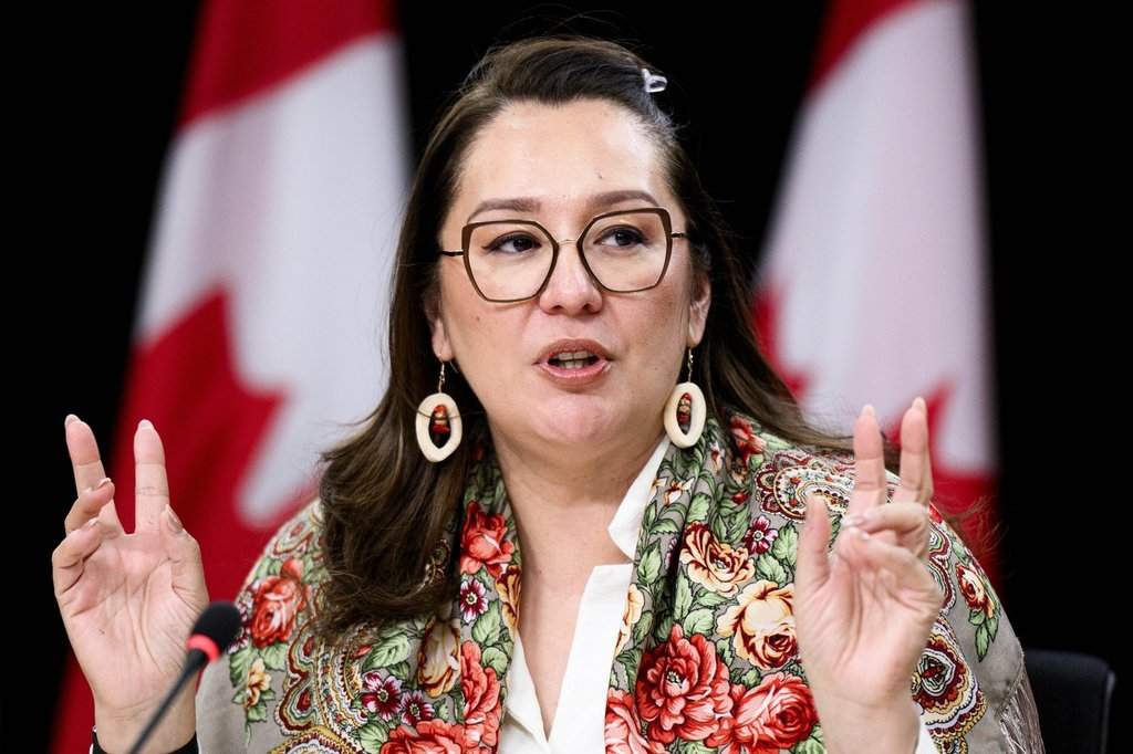 Minister of Indigenous Services Mandy Gull-Masty speaks during a press conference at the National Press Theatre in Ottawa on Monday, Dec. 22, 2025. THE CANADIAN PRESS/Spencer Colby.