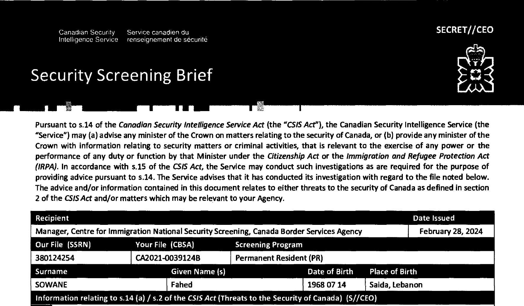 A CSIS security screening report on Fahed Sowane has been heavily redacted.