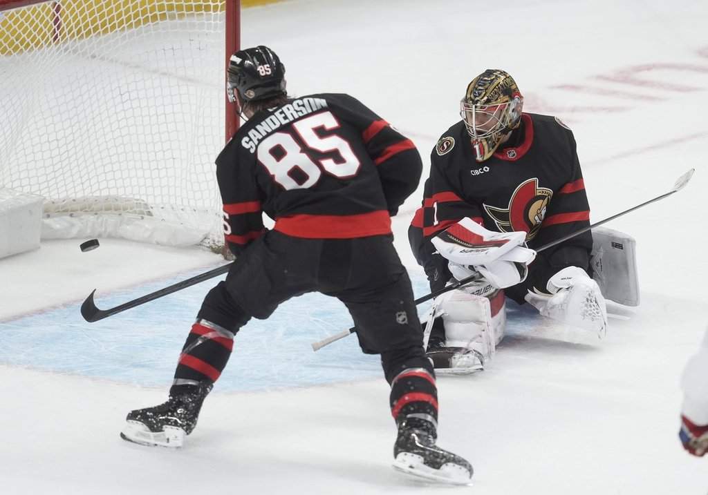 Ottawa Senators goaltender Leevi Merilainen (1) and defenceman Jake Sanderson (85) watch as the game-winning goal enters the net during overtime action against the Montreal Canadiens in NHL action, in Ottawa, Saturday, Jan. 17, 2026. THE CANADIAN PRESS/Adrian Wyld.
