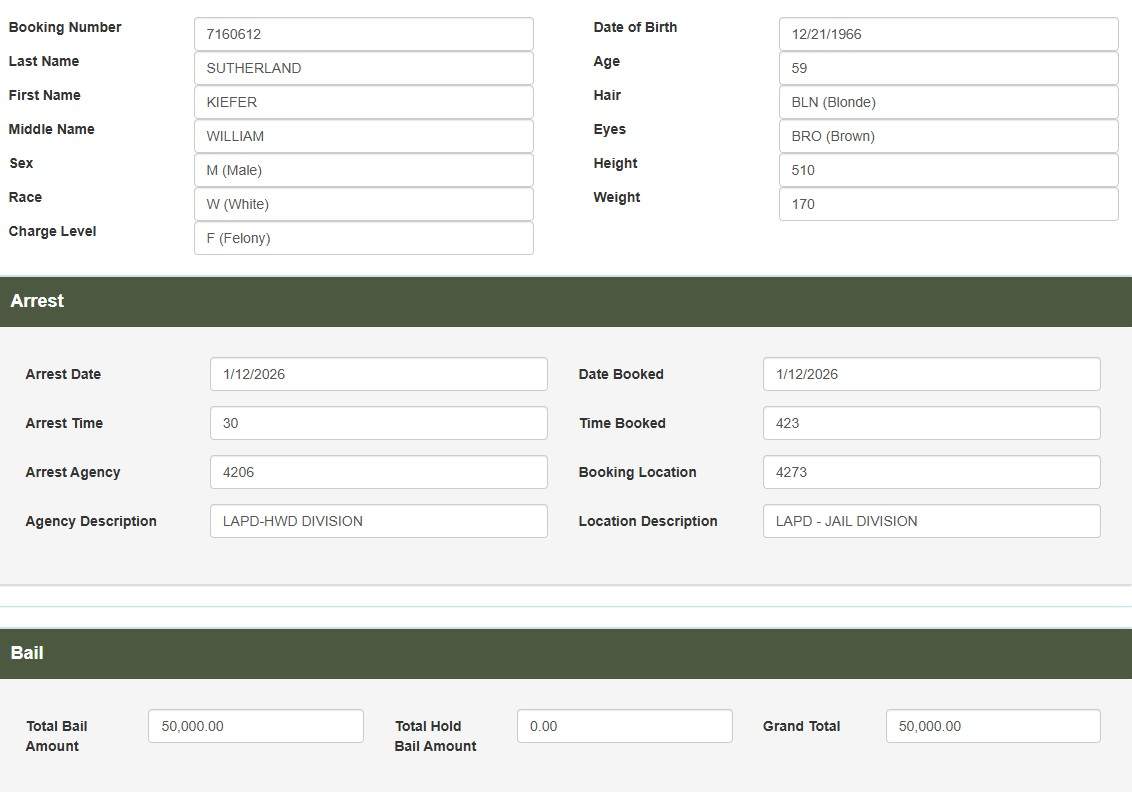A screenshot of Kiefer Sutherland's booking record.