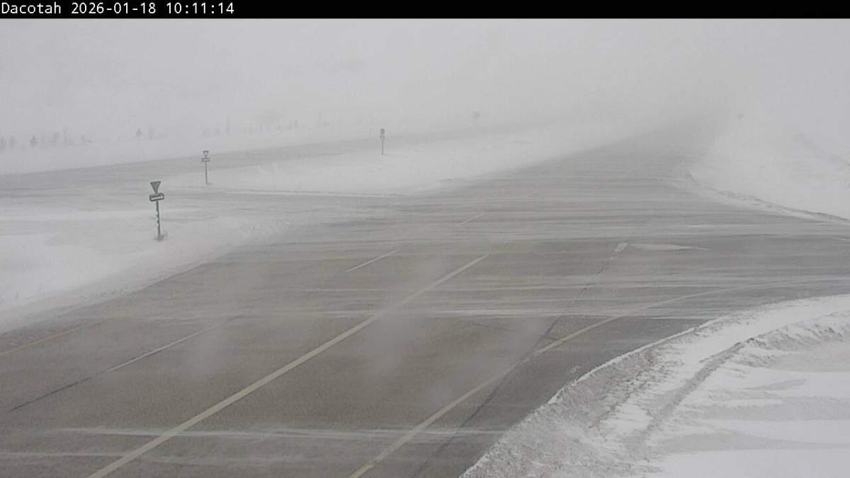 Snow is pictured on Highway 1 and Highway 332 in Manitoba on Jan. 18, 2026.