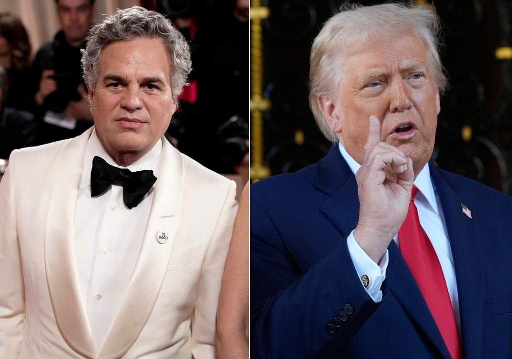 (L-R:) Mark Ruffalo attends the 83rd Annual Golden Globe Awards at The Beverly Hilton on January 11, 2026 and U.S. President Donald Trump speaks to reporters as he greets Israel's Prime Minister Benjamin Netanyahu at his Mar-a-Lago club, Monday, Dec. 29, 2025.