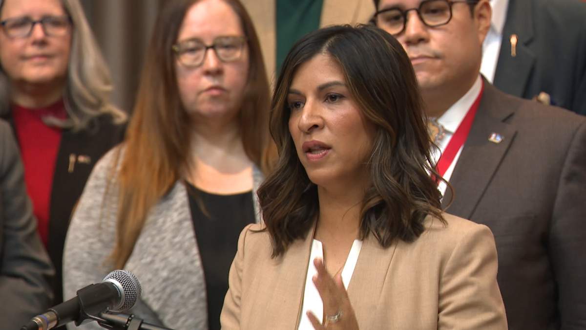 The deputy leader of Alberta's opposition NDP speaks to reporters at a press conference in Edmonton Friday, during which she accused Premier Danielle Smith of "pandering" to Alberta separatists.