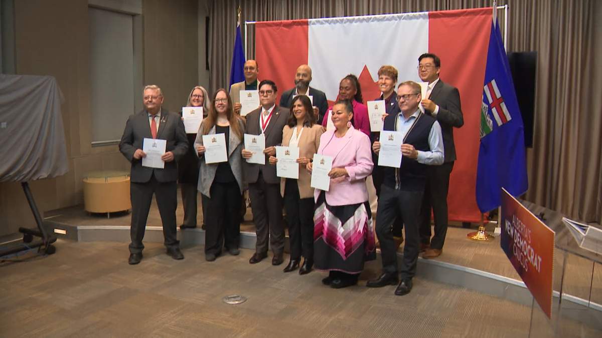 MLAs with Alberta's NDP opposition display the pledge they've signed against the province's separation from Canada during a press conference in Edmonton on Friday, Jan. 30, 2026.