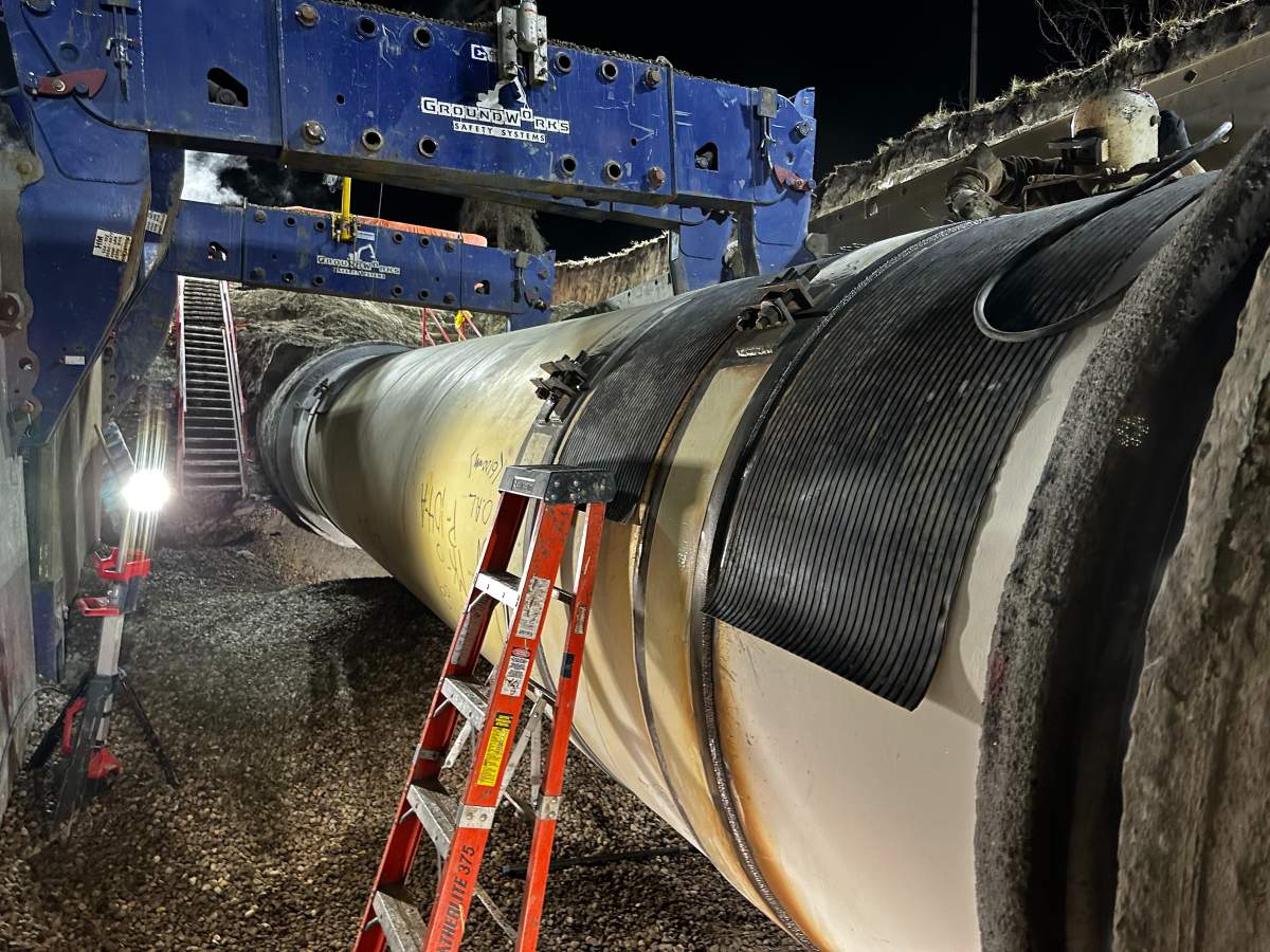 In an update posted to social media on Thursday, the city of Calgary says a new segment of pipe has been put in place, welding has been completed and backfilling of the area is now underway.