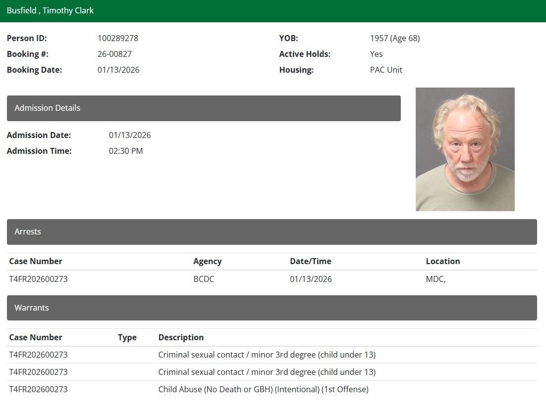 A screenshot of Timothy Busfield's booking record.