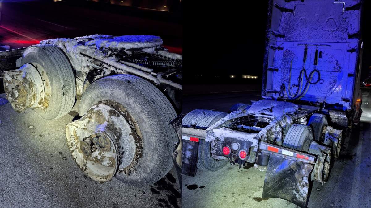 Ontario Provincial Police stopped a bobtail truck on the Toronto-bound QEW near Casablanca Boulevard in Grimsby early Monday after officers say it was missing several tires and had major mechanical defects.