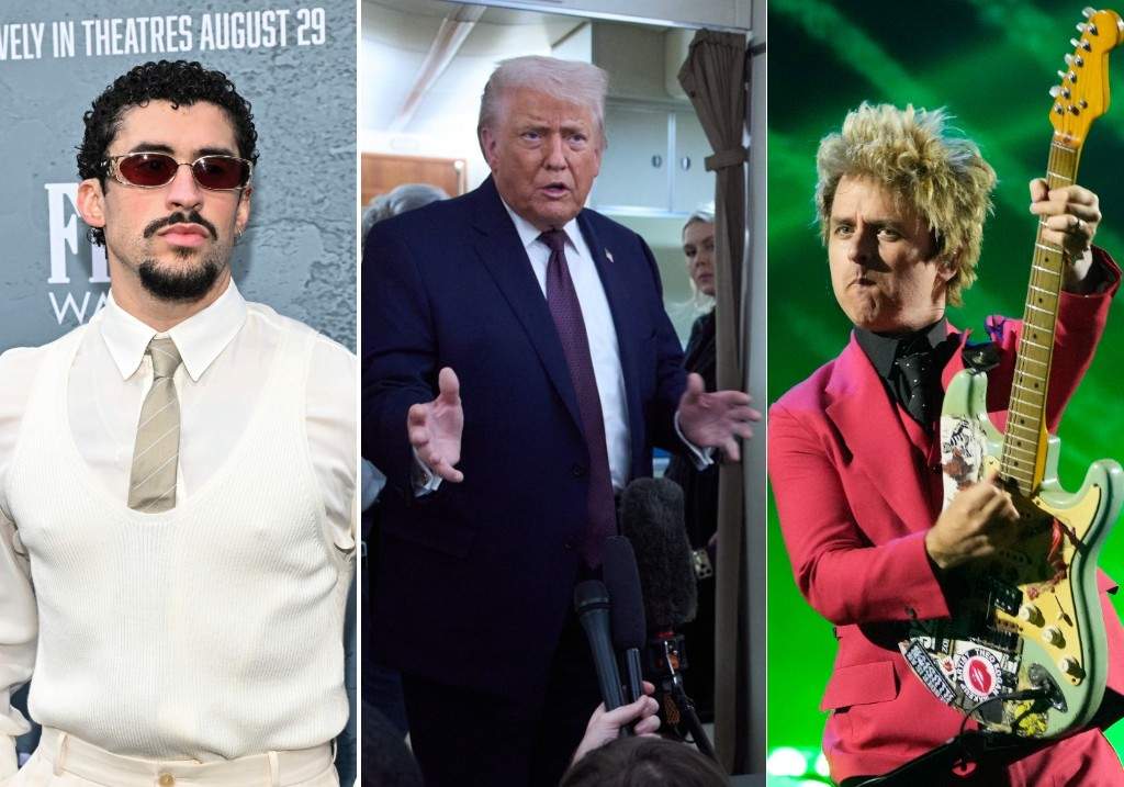 (l-R:) Bad Bunny at the premiere of "'Caught Stealing' in New York on Aug. 26, 2025, U.S. President Donald Trump speaks with reporters aboard Air Force One on Jan. 22, 2026 and Billie Joe Armstrong of Green Day performing during the iHeartRadio Music Awards on April 1, 2024.