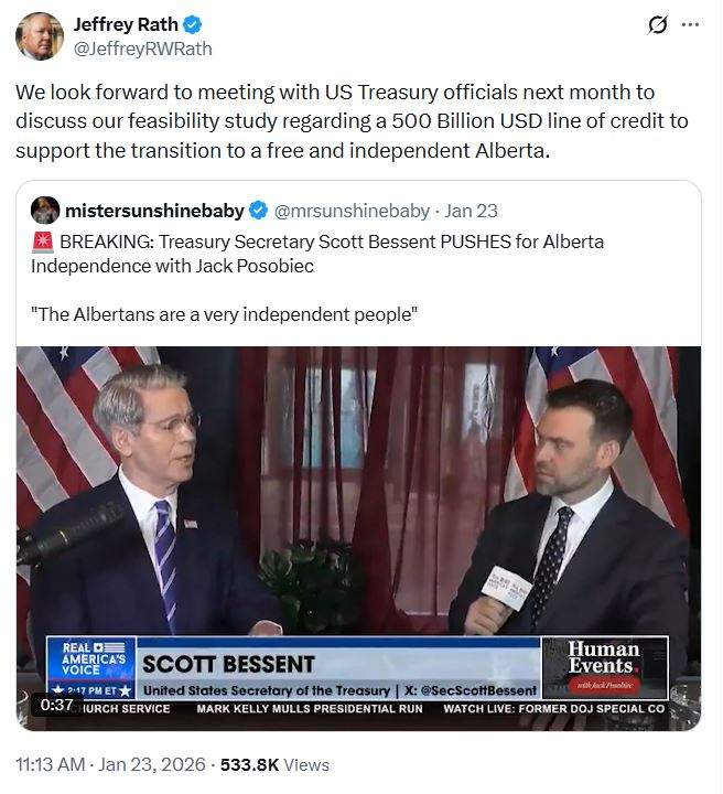 Jefffrey Rath, one of the leaders of the Alberta separatist movement, posted recently on social media, about plans to meet with U.S. Treasury officials.