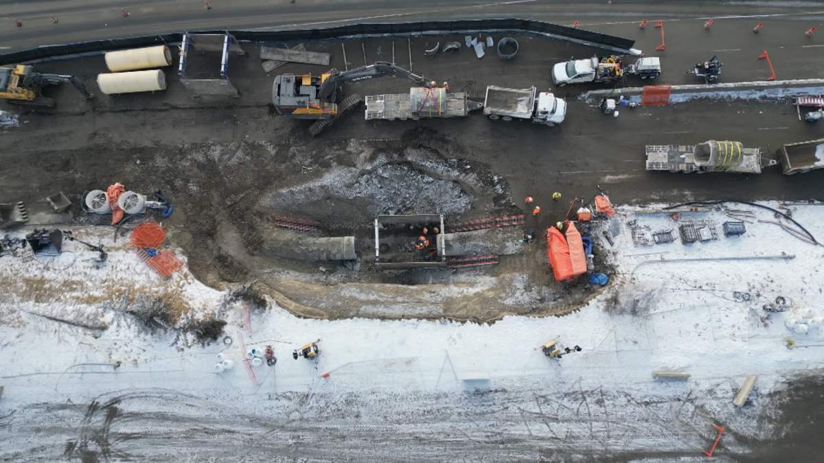 An aerial view of the section of the Bearspaw Feeder Main that ruptured last week, forcing the city of Calgary to ask residents to limit their water use.