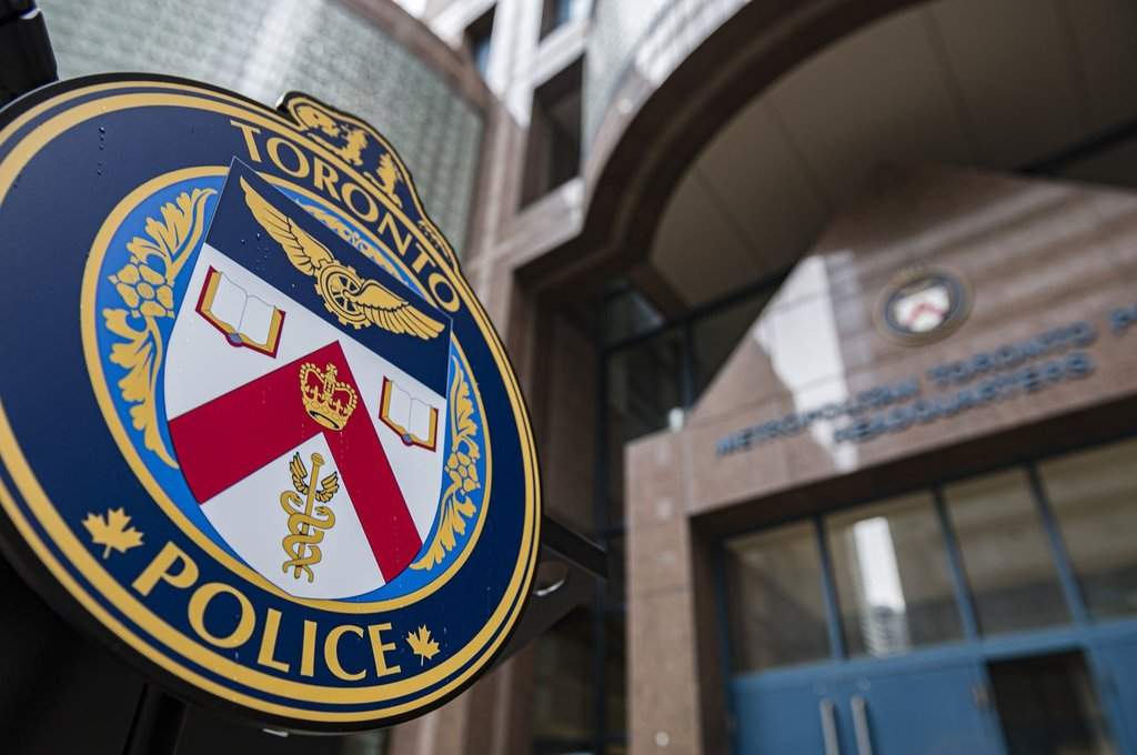 The Toronto Police Services emblem is photographed during a press conference at TPS headquarters, in Toronto on May 17, 2022. THE CANADIAN PRESS/Christopher Katsarov.