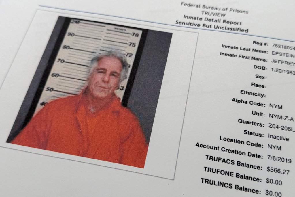 A document that was included in the U.S. Department of Justice release of the Jeffrey Epstein files, photographed Tuesday, Feb. 10, 2026, shows a photo of Epstein on a inmate report from the Federal Bureau of Prisons.
