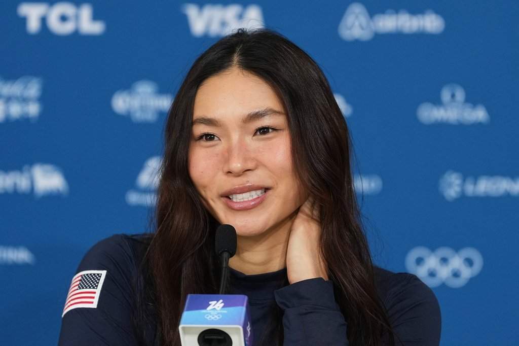 Chloe Kim speaking at a press conference