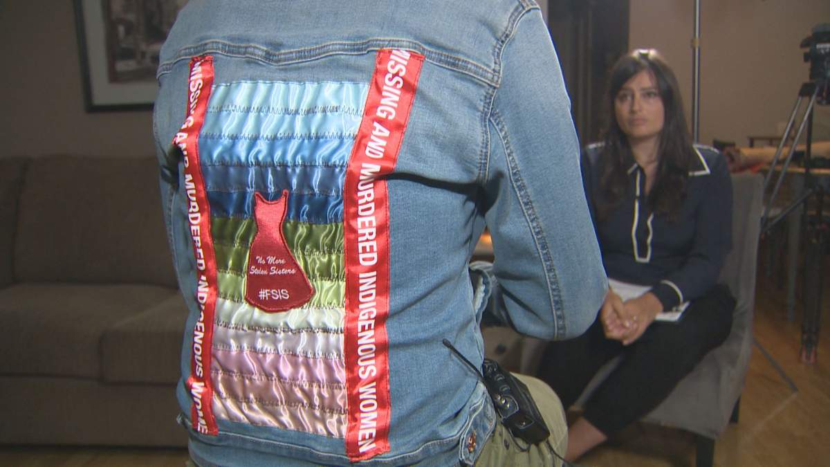 The jacket Cambria Harris sewed to represent the National Day of Action for Missing and Murdered Indigenous Women, Girls, and Gender-Diverse people.