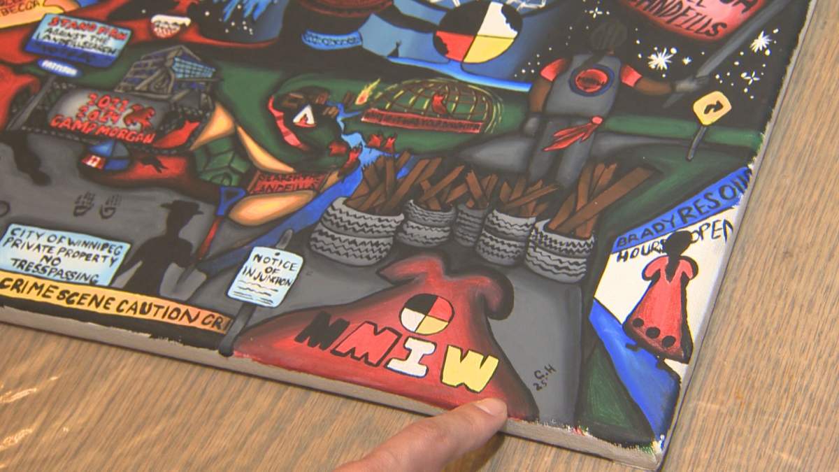 One of Harris’ artworks depicts the blockade at the Brady Road landfill while calling for the Prairie Green landfill to be searched for the remains of her mother, Morgan Harris.