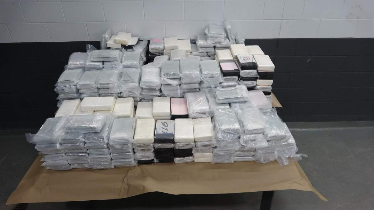 Durham Regional Police display approximately 325 kilograms of cocaine seized during a drug investigation, in this handout photo.