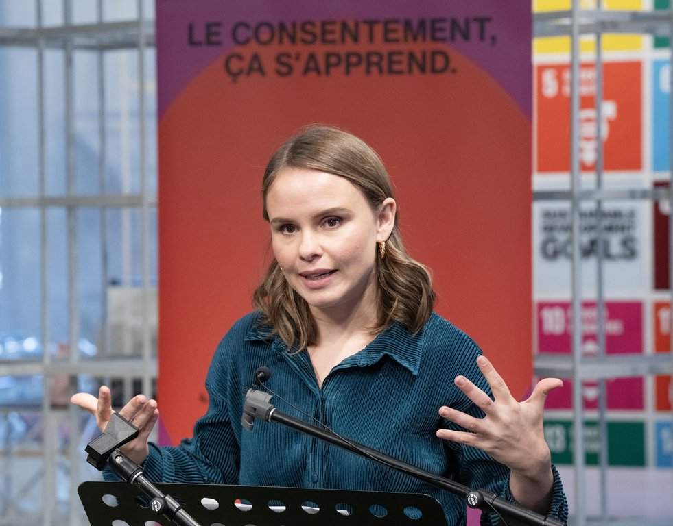 Co-director of the "Consent is Key" campaign to combat sexual harassment, Lea Clermont-Dion, speaks at a news conference Tuesday, March 19, 2024 in Montreal.THE CANADIAN PRESS/Ryan Remiorz The Canadian Press.