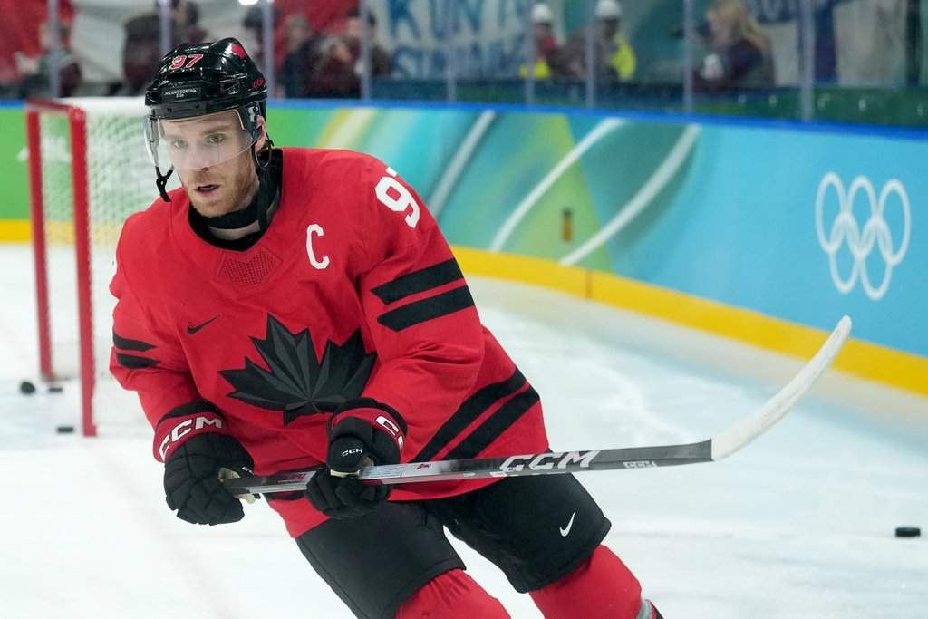 Canada forward Connor McDavid (97) warms up prior to first period Men's Olympic semi final ice hockey action at the 2026 Milan Cortina Winter Olympics in Milan, Friday, Feb. 20, 2026. 