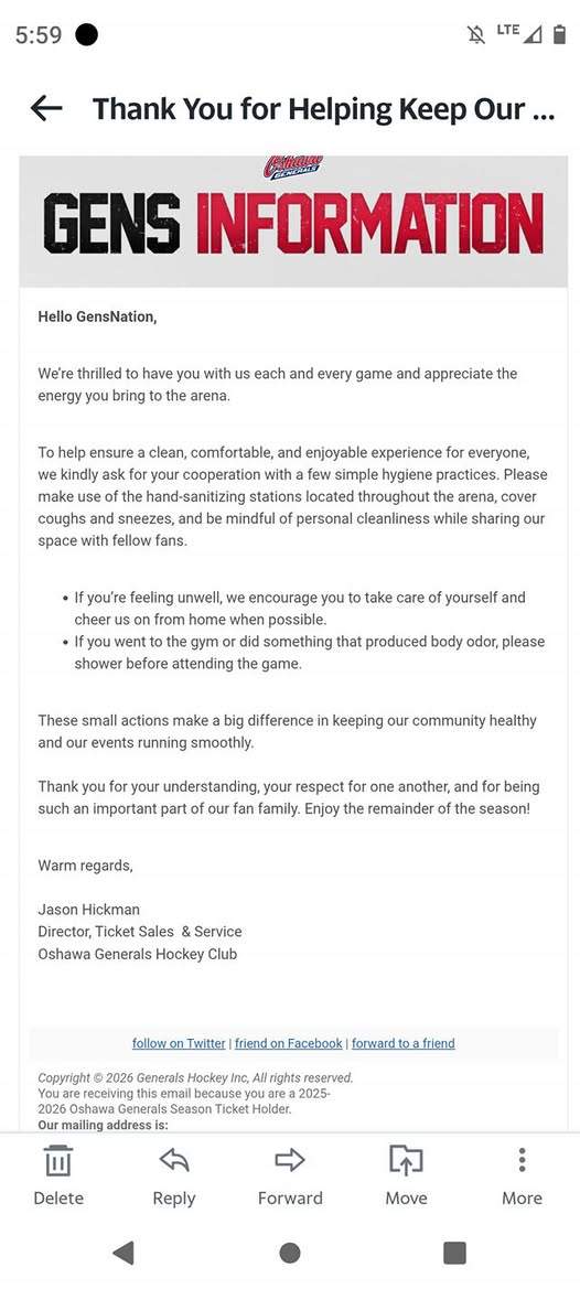 An email sent to Oshawa General season ticket holders asked them to maintain proper hygiene.