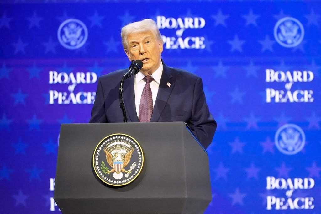 U.S. President Donald Trump speaks during a session on his Board of Peace initiative at the Annual Meeting of the World Economic Forum in Davos, Switzerland, Thursday, Jan. 22, 2026.
