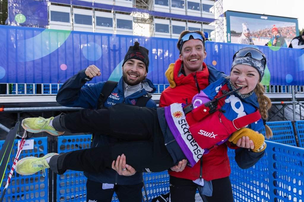 Canadian cross-country skiers Olivier Léveillé, left, and Max Hollmann, right, give coach Julia Mehre Ystgaard a lift, in this handout photo, at the 2025 FIS Nordic World Ski Championships in Trondheim, Norway, which ran Feb. 26 to March 9, 2025. THE CANADIAN PRESS/Handout - Nordiq Canada, Nathaniel Mah (Mandatory Credit).