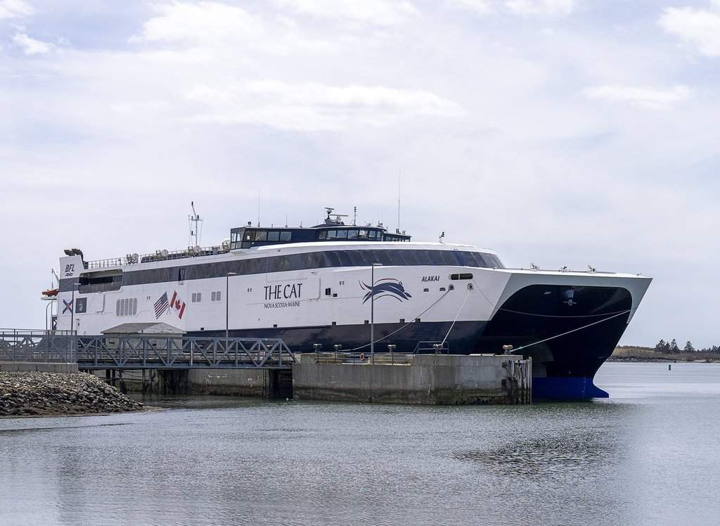 The Cat, a fast ocean-going catamaran car and passenger ferry, is berthed in Yarmouth, N.S on Saturday, May 7, 2022. THE CANADIAN PRESS/Andrew Vaughan.