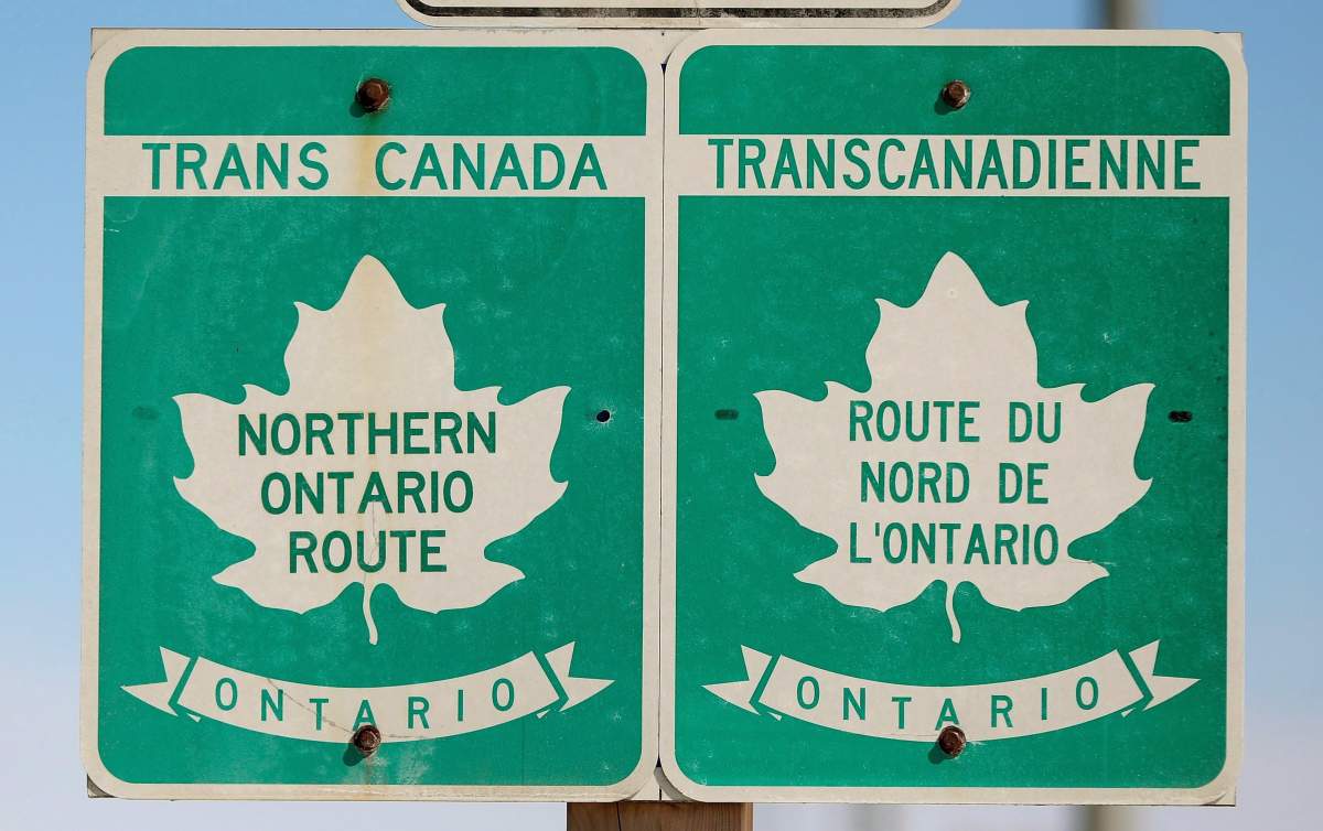 A sign indicates the northern route of the TransCanada Highway outside Kapsuskasing, Ont., on Wednesday, April 18, 2018. 