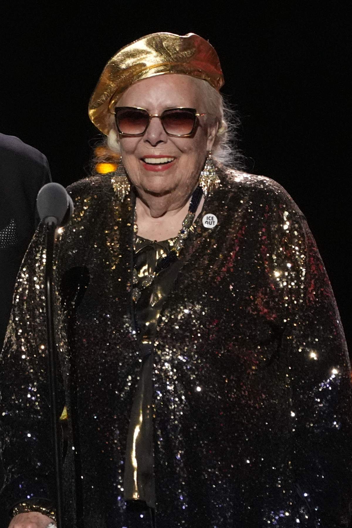 Joni Mitchell accepts the award for best historical album for "Joni Mitchell Archives - Volume 4: The Asylum Years (1976–1980)" during the 68th annual Grammy Awards on Sunday, Feb. 1, 2026, in Los Angeles.