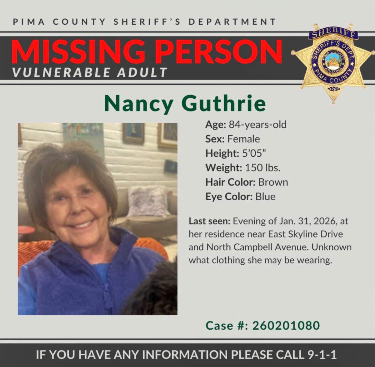 This image provided by the Pima County Sheriff’s Department, on Monday, Feb. 2, 2026, shows a missing person alert for Nancy Guthrie.