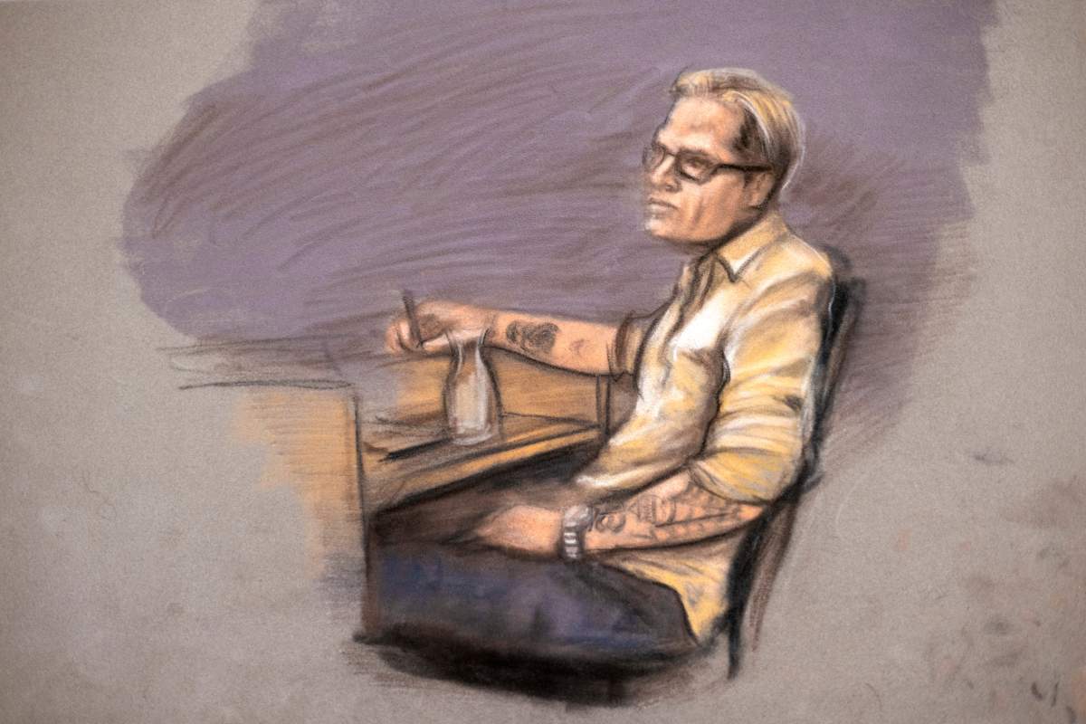 A court sketch of Marius Borg Hoiby during the second day of the trial against him, which is taking place in room 250 of the Oslo District Court, Norway, Wednesday, Feb. 4, 2026.