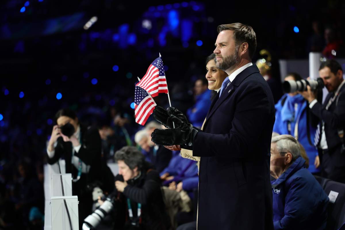 U.S. Vice President JD Vance and second lady Usha Vance attend the Olympic opening ceremony at the 2026 Winter Olympics, in Milan, Italy, Friday, Feb. 6, 2026.