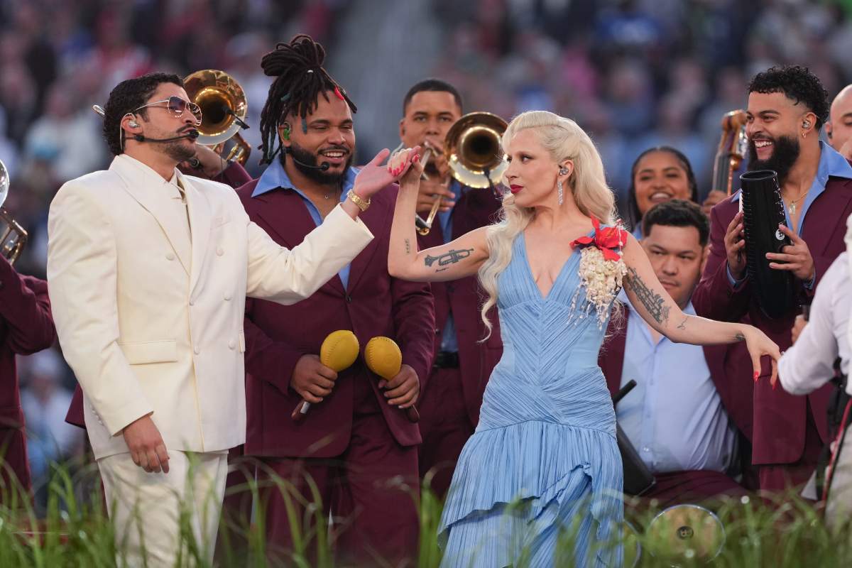 Bad Bunny and Lady Gaga perform during halftime of the NFL Super Bowl 60 football game between the New England Patriots and the Seattle Seahawks, Sunday, Feb. 8, 2026, in Santa Clara, Calif.