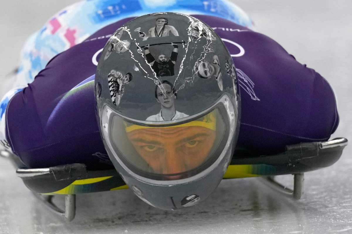 Ukraine's Vladyslav Heraskevych starts for a men's skeleton training session at the 2026 Winter Olympics, in Cortina d'Ampezzo, Italy, Tuesday, Feb. 10, 2026.