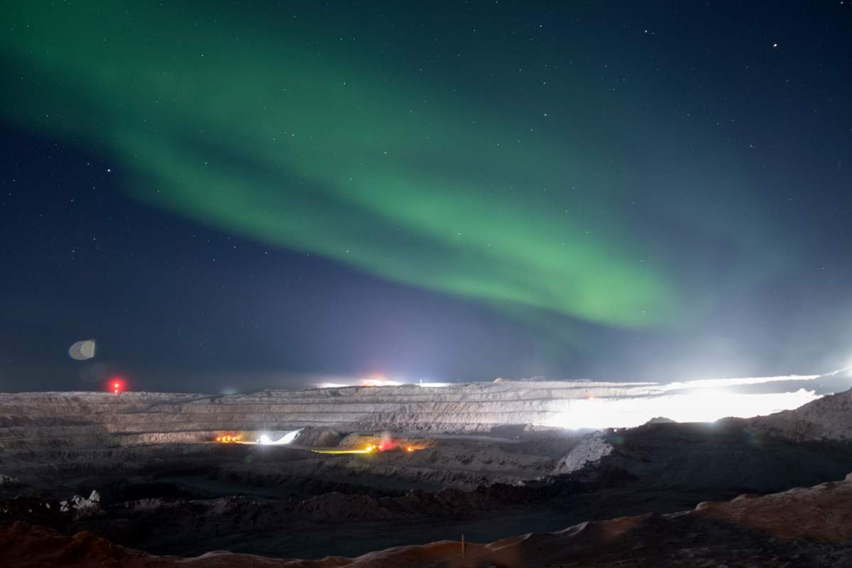 The Northern Lights are seen in this handout photo at the Gahcho Kue diamond mine in the Northwest Territories, in March of 2018.