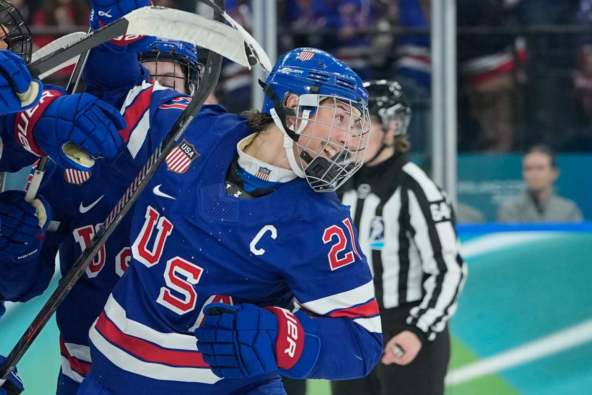Hilary Knight celebrates after scoring an equalizer during a women's ice hockey gold medal game between the United States and Canada at the 2026 Winter Olympics, in Milan, Italy, Thursday, Feb. 19, 2026.