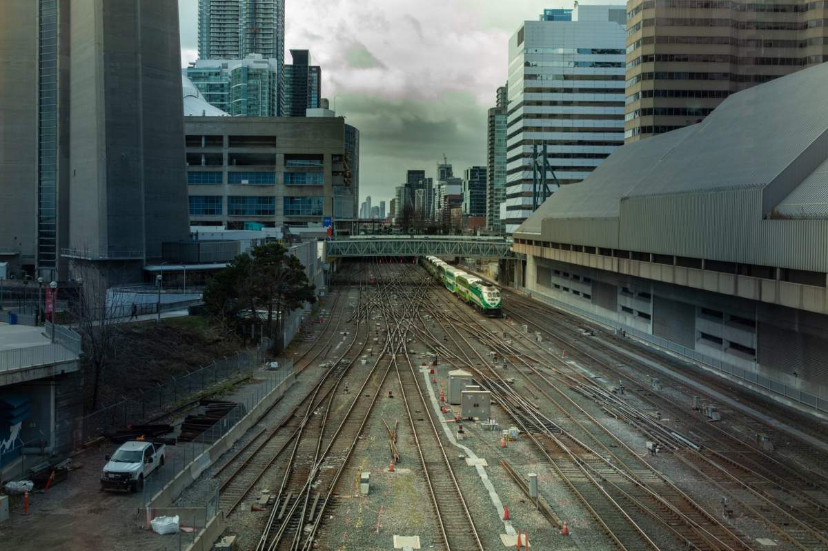 A commuter GO Train rolls into Union Station in downtown Toronto on Thursday, Dec. 5, 2024. 