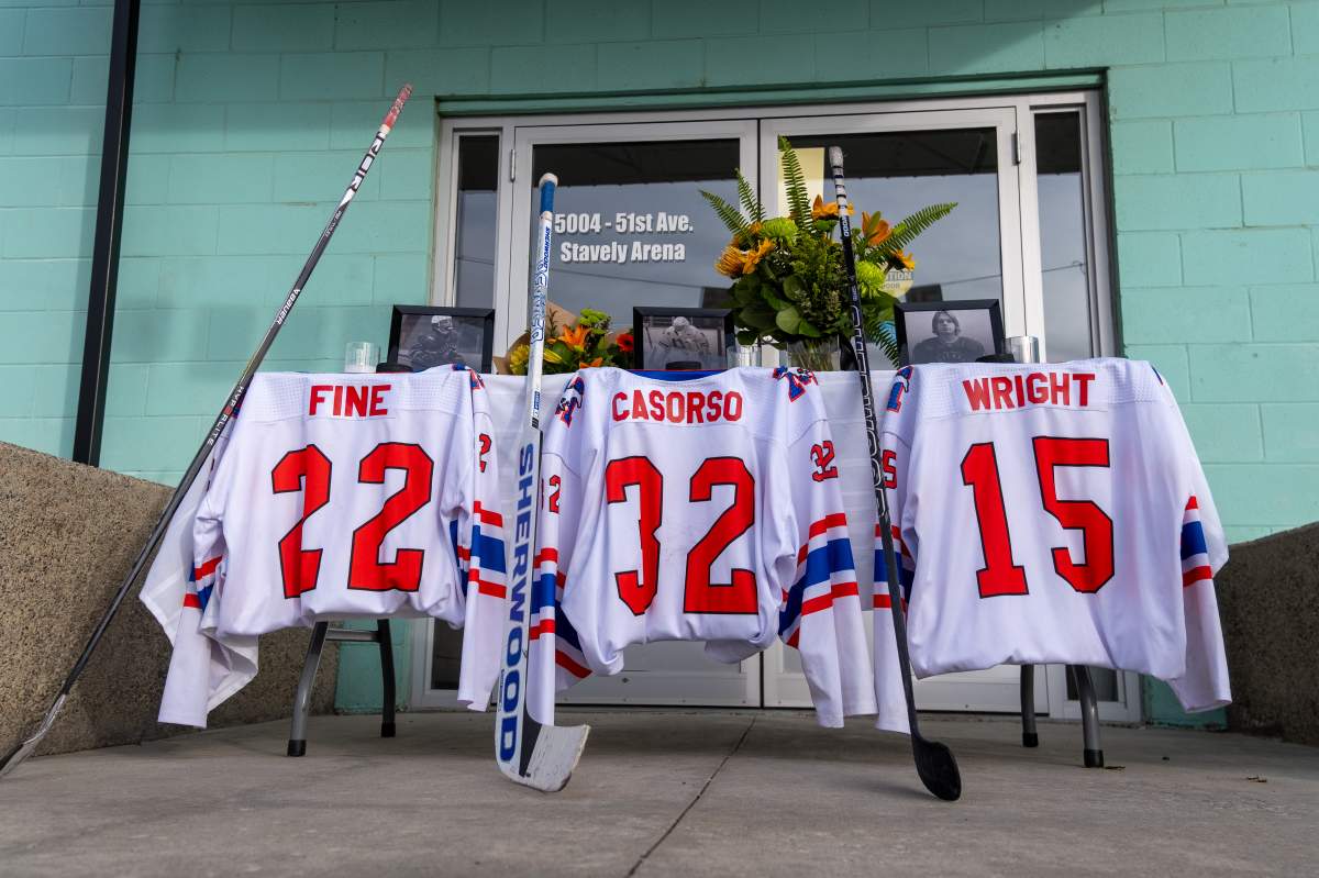 A memorial, including the jerseys of the three young players who were killed in the crash in Stavely on Monday, has been set up outside the Stavely arena.