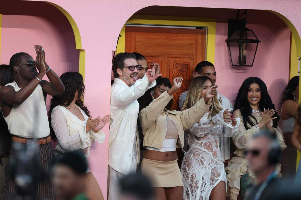 (L-R) Pedro Pascal, Karol G and Cardi B perform onstage during the Apple Music Super Bowl LX Halftime Show at Levi's Stadium on February 08, 2026 in Santa Clara, California.