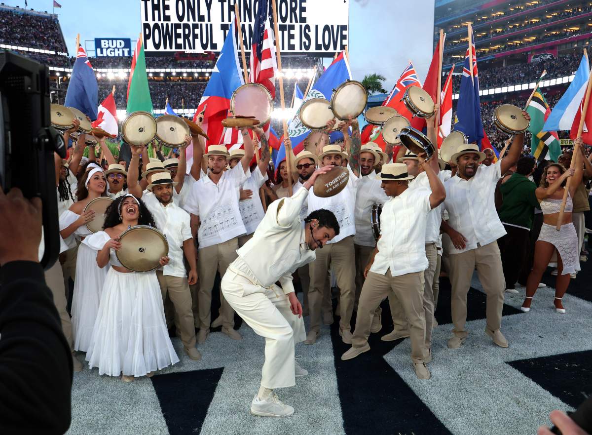 Bad Bunny performs onstage during the Apple Music Super Bowl LX Halftime Show at Levi's Stadium on February 08, 2026 in Santa Clara, California.