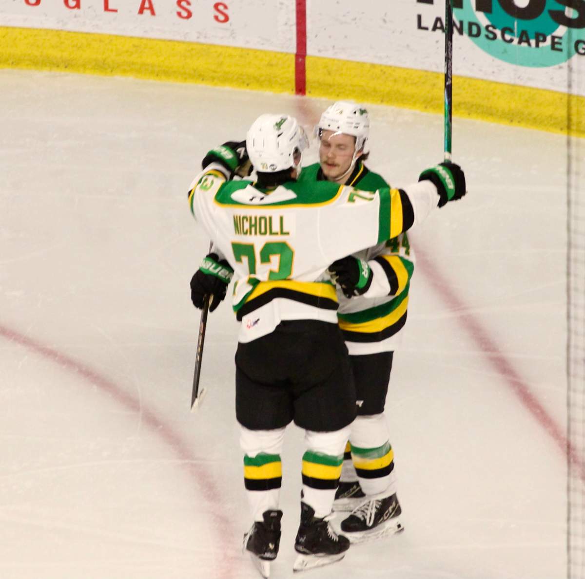 The London Knights celebrate Will Nicholl's second period power play goal in a game against the Kitchener Rangers played at the Kitchener memorial Auditorium on Feb. 10, 2026.
