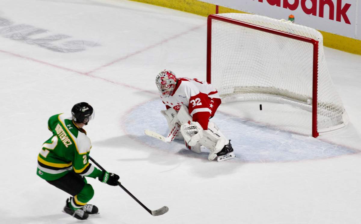 Henry Brzustewicz scores the shootout winner in a 4-3 London Knights victory over the Soo Greyhounds on Feb. 13, 2026.