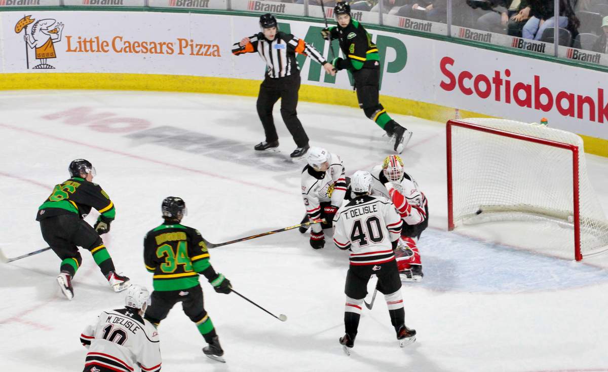 Braidy Wassilyn scores for the London Knights in a game against the Owen Sound Attack played on Feb. 16, 2025 at Canada Life Place.