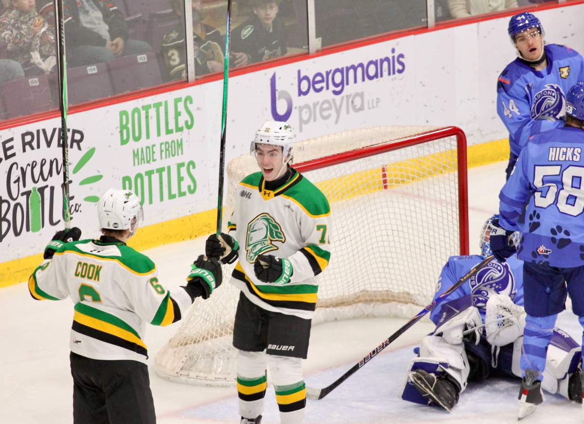 Kaiden Hawkins celebrates a second period goal by the London Knights in a game against the Brampton Steelheads played on Feb. 28, 2026 at the CAA Centre.