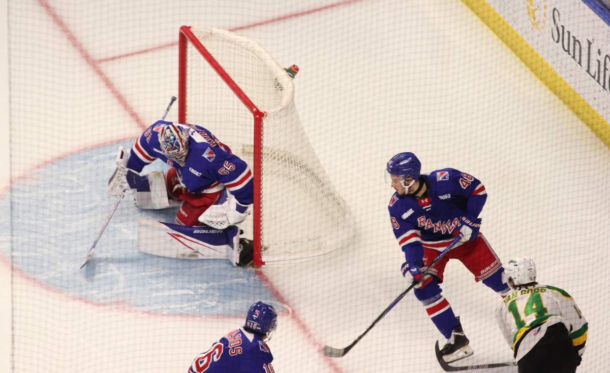 Evan Van Gorp scores on a wrap-around for the London Knights in a game against the Kitchener Rangers on March 1, 2026 at the Kitchener Memorial Auditorium.