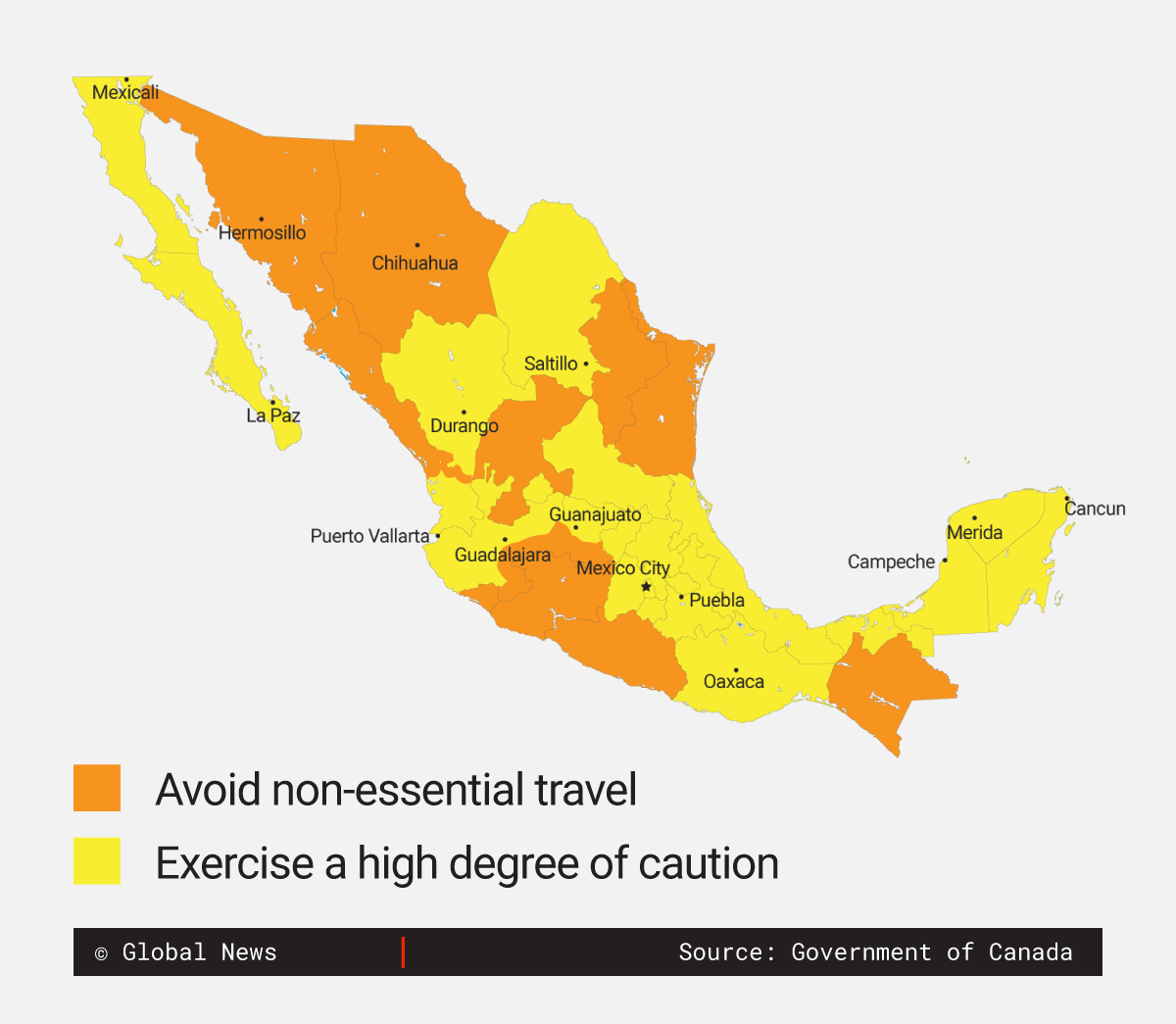 A map depicting Global Affairs Canada's security warnings for Mexico.