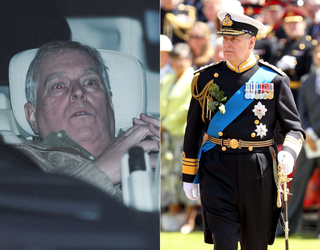 Left: Andrew Mountbatten-Windsor leaves Aylsham Police station in a vehicle on the day he was arrested on suspicion of misconduct in public office. Right: FILE - Mountbatten-Windsor attends the annual Founder's Day Parade at the Royal Hospital Chelsea on June 4, 2015, in London, England.