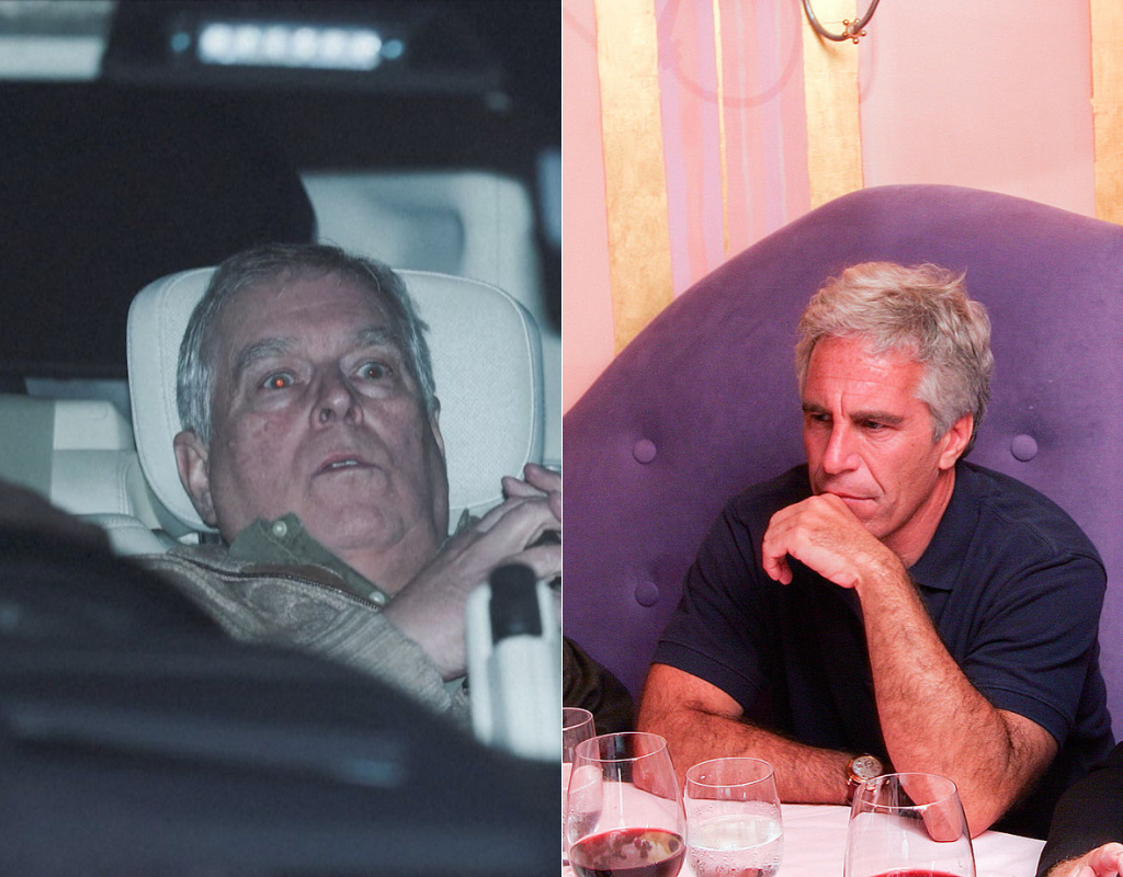 Left: Andrew Mountbatten-Windsor leaves Aylsham Police Station in a vehicle on February 19, 2026. the day he was arrested on suspicion of misconduct in public office. Right: File - Jeffrey Epstein in Cambridge, MA., in 2004.