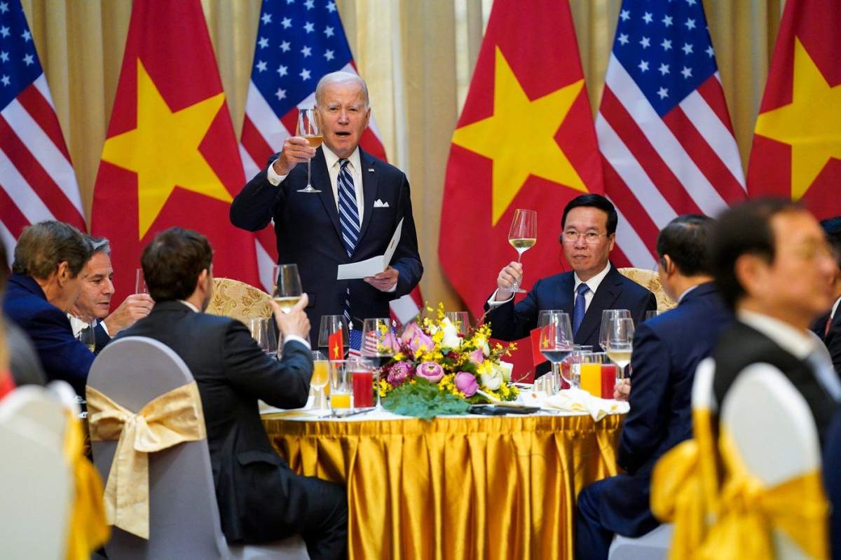 FILE - U.S. President Joe Biden raises a toast as he participates in a State Luncheon with Vietnam President Vo Van Thuong in Hanoi, Vietnam, on Sept. 11, 2023. (AP Photo/Evan Vucci, File).